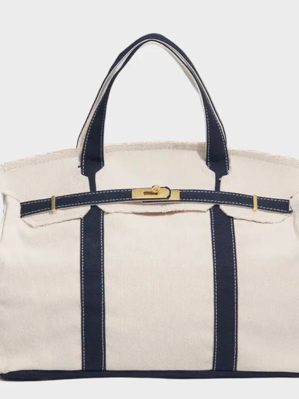 Canvas Tote with Navy Trim and Gold Hardware NWOT